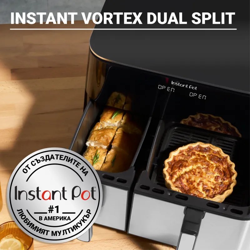 Friteuza dubla cu aer cald 8in1 Instant Pot Vortex DUAL SPLIT, 2600 W, 11 l, 205 °C, EvenCrisp, Gatit sincronizat, Comanda tactila, Negru/Inox