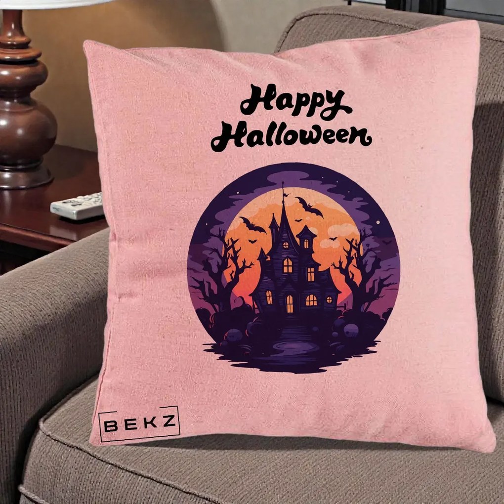Perna Decorativa Happy Halloween Casa Bantuita Violet, 40x40 cm, Roz, Husa Detasabila, Perna Inclusa, BEKZ®
