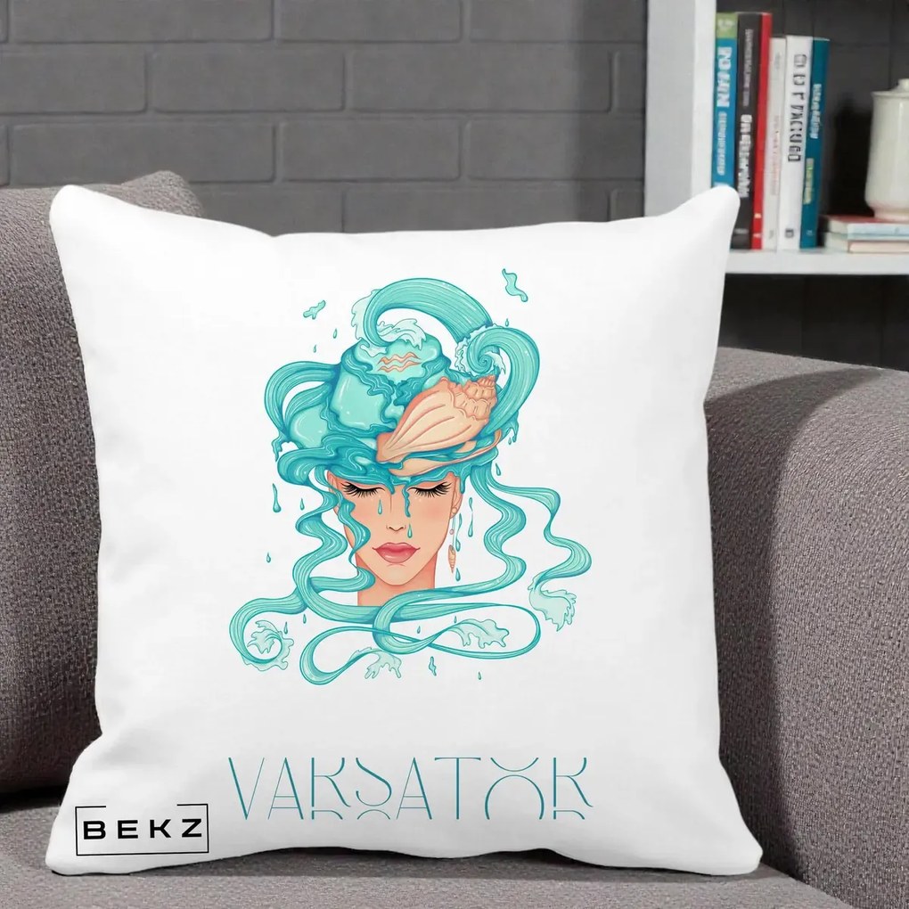 Perna Personalizata Zodiac Varsator Cowgirl, 40x40 cm, Alba Mata, Husa Detasabila, Perna Inclusa, BEKZ®