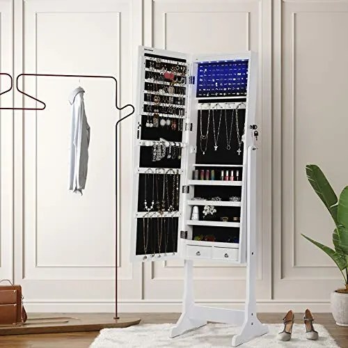 Dulap bijurerii cu oglinda, Songmics, Alb, 150.5x41x36 cm