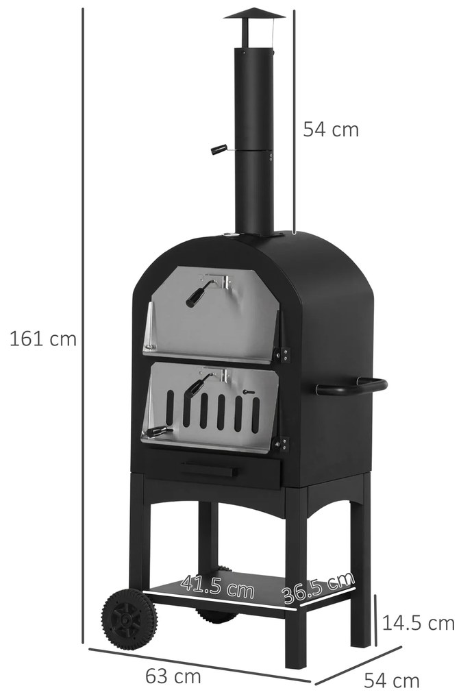 Outsunny Cuptor Portabil cu Cărbune pentru Pizza și Barbecue, Cuptor cu Lemne, Coș de Fum și Raft Inferior, 63x54x161 cm, Negru | Aosom Romania