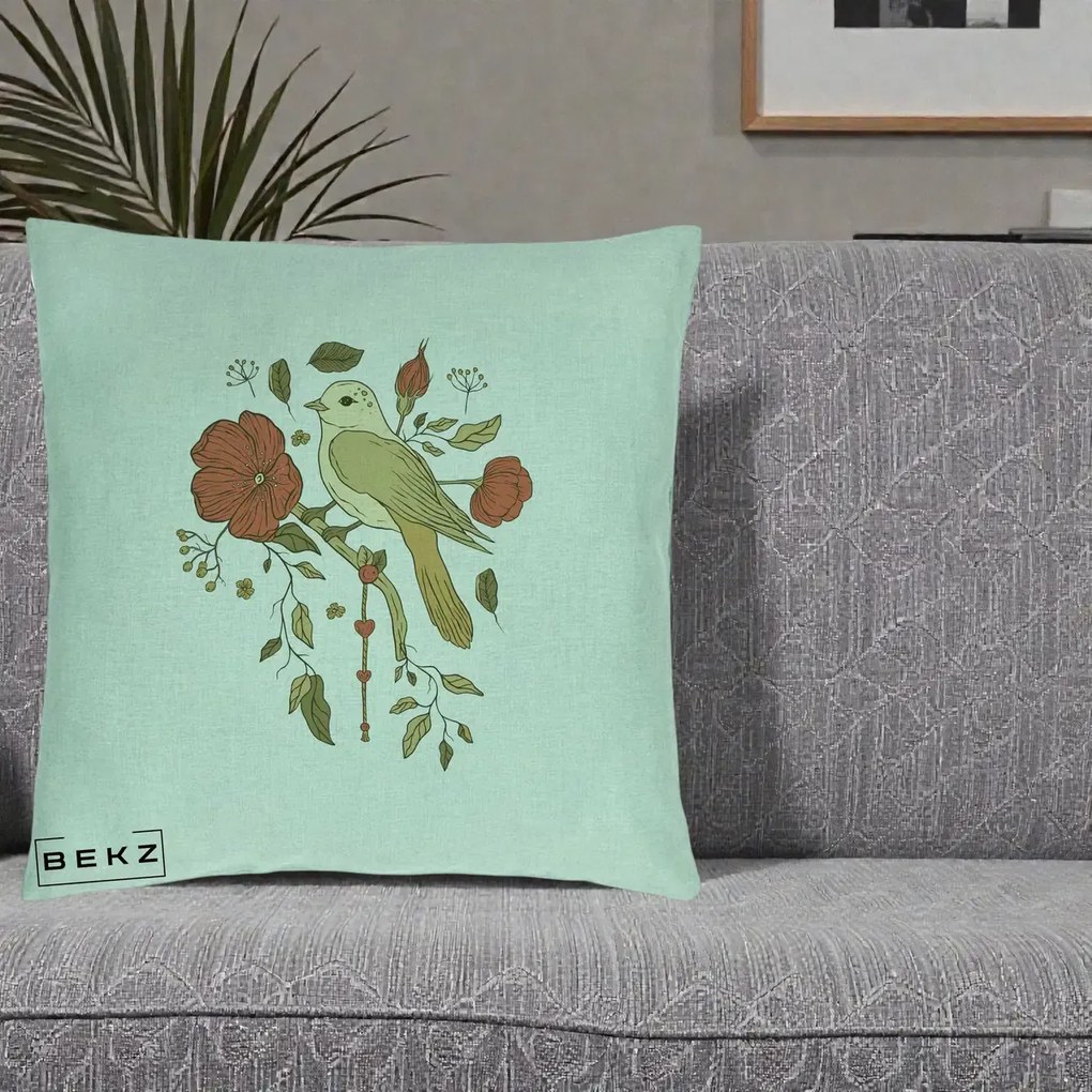 Perna decorativa Pasare pe Ramura cu Maci, 40x40 cm cu Umplutura, Verde Menta, BEKZ
