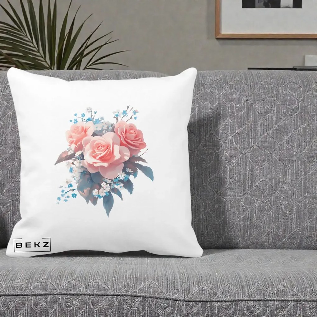 Perna Decorativa Trandafiri Roz cu Floricele Albastre, 40x40 cm, Alba Mata, Husa Detasabila, Perna Inclusa, BEKZ®