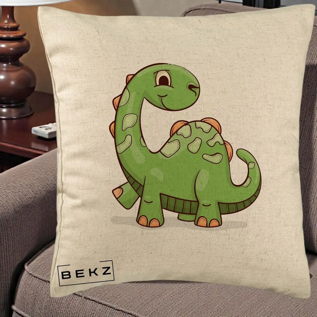 Perna Decorativa Brontosaur Verde Simpatic, 40x40 cm, Bej, Husa Detasabila, Perna Inclusa, BEKZ®