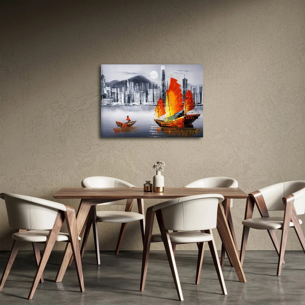 Tablou - Victoria Harbour, Hong Kong, pictură în ulei alb- negru (70x50 cm)