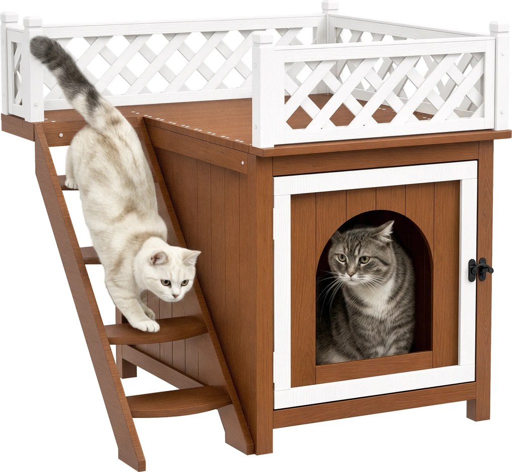 PawHut Casă pentru pisici, cu două nivele, cu balcon și scară, pentru interior și exterior, pentru pisici și iepuri, lemn de brad, Maro | Aosom Romania