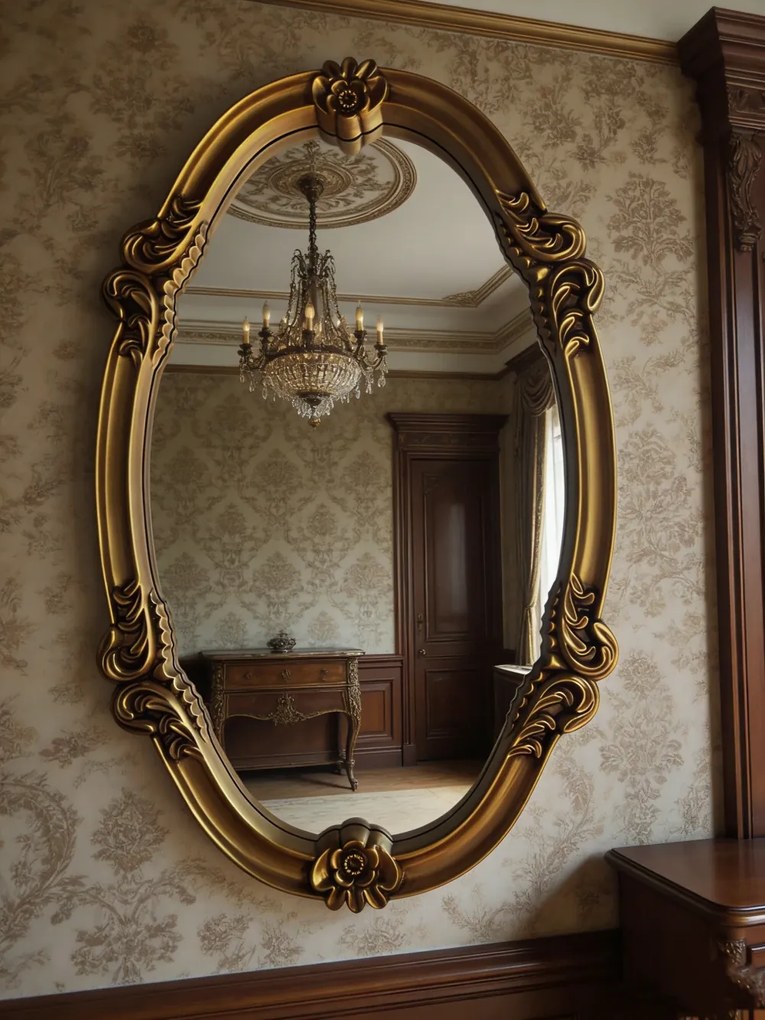 Oglindă decorativă de perete, ramă aurie antichizată, 90 x 55 cm