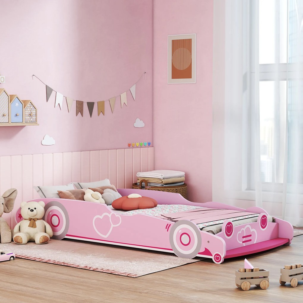 AIYAPLAY Pat pentru Copii de 3-5 Ani în Formă de Mașină cu Margini Ridicate de Siguranță, 140x70 cm, Roz | Aosom Romania