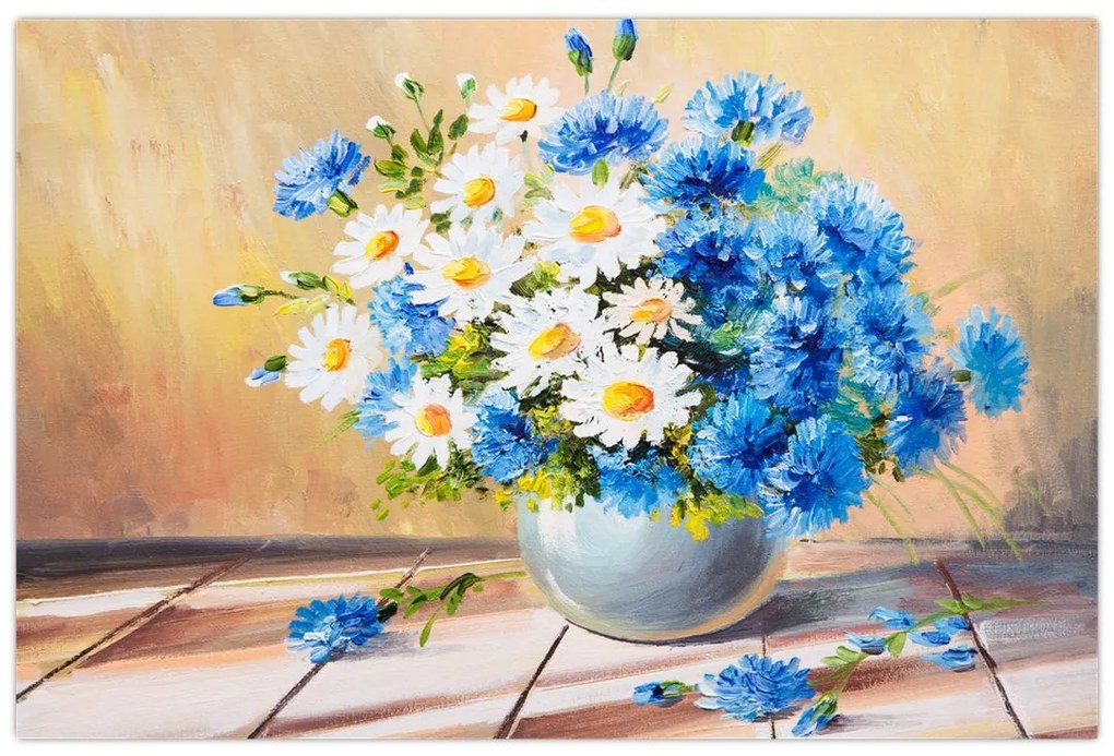 Tablou pictat cu vaza și flori (90x60 cm)