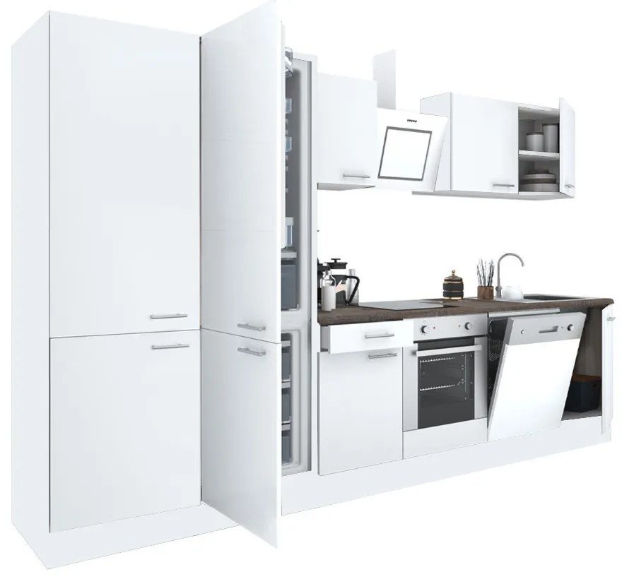 Mobilă de bucătărie Yorki 340, corp alb, față alb satinat cu element inferior cuptor, dulap cu rafturi și frigider congelator inferior