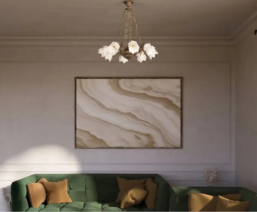 Candelabru 8 brate din alama cu abajur din sticla Putti