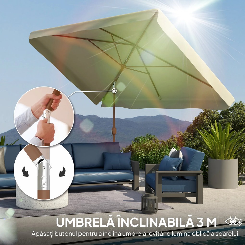 Outsunny Umbrelă de Grădină 2x3 m Înclinabilă cu Deschidere cu Manivelă, Ventilare și Margini Plisate, Anti UV 50+, Aluminiu și Poliester 180 g/㎡, Bej | Aosom Romania