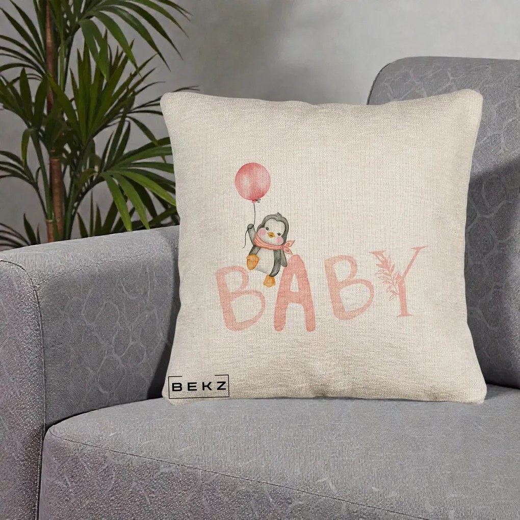 Perna Personalizata Baby Pinguin Roz, 40x40 cm, Bej Canapea, Husa Detasabila, Perna Inclusa, BEKZ®
