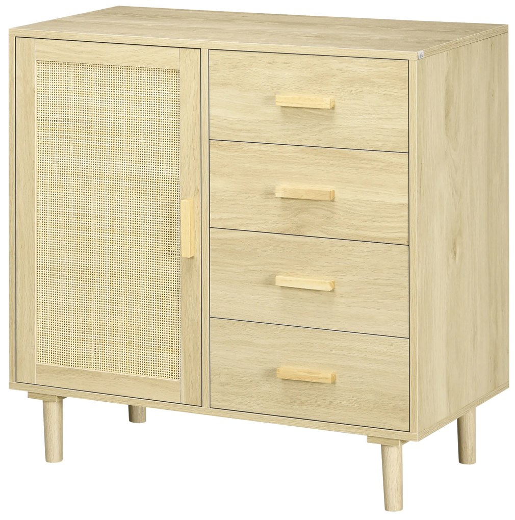 HOMCOM Bufet rotin cu dulapuri cu ușă cannage și 4 sertar, 80 x 38 x 80,5 cm, efect lemn natural | Aosom Romania