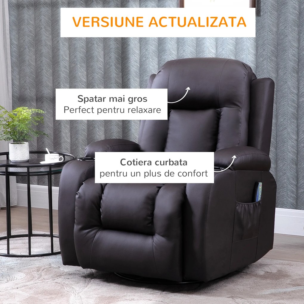 HOMCOM Fotoliu cu Masaj și Încălzire, Fotoliu Rabatabil din Piele Artificială cu 8 Puncte de Masaj și Telecomandă, 85x94x104 cm, Maro | Aosom Romania