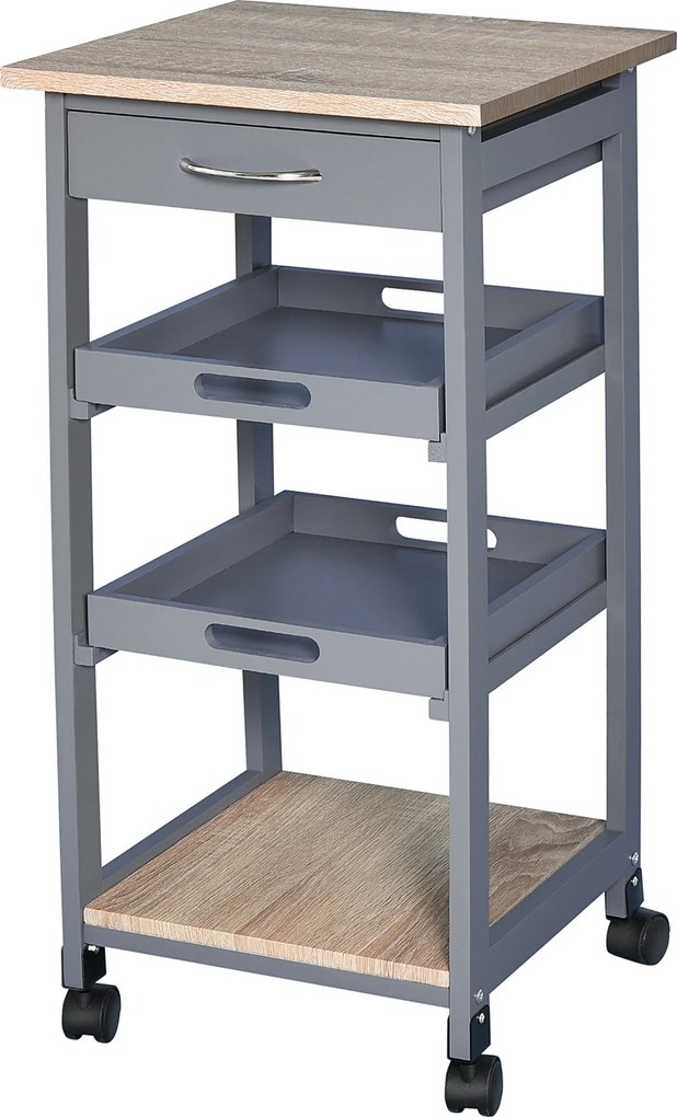 HOMCOM Carucior Bucatarie Sertar 2 Tavi Glisante Blat Fix Lemn Pin MDF 37x37x76cm Gri Stejar | Aosom Romania