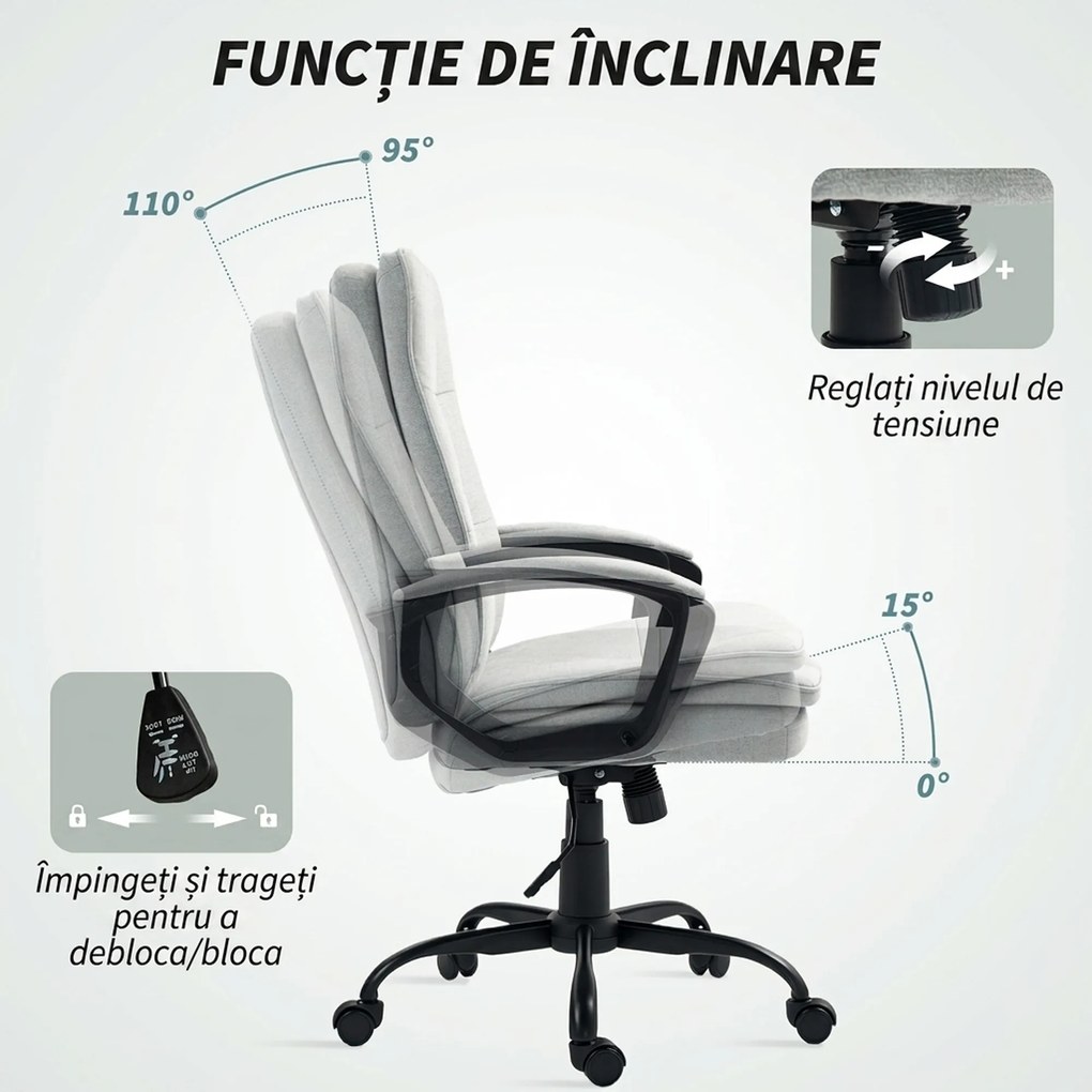 HOMCOM Scaun de Birou Ergonomic cu Spătar Înalt, Înălțime Reglabilă, Funcție de Leagăn și Brațe, 63x70x102-112 cm, Gri | Aosom Romania