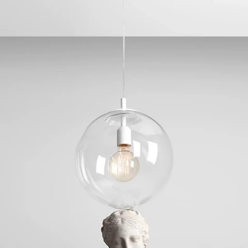 Pendul modern alb cu glob de sticla transparenta Globe