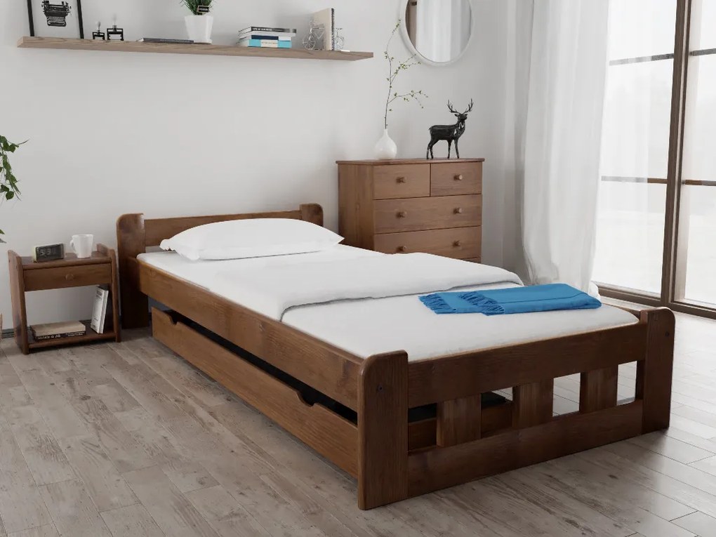 Pat inalt Naomi 90x200 cm, stejar Saltele: Cu saltele Somnia 18 cm, Somiera pat: Cu lamele curbate