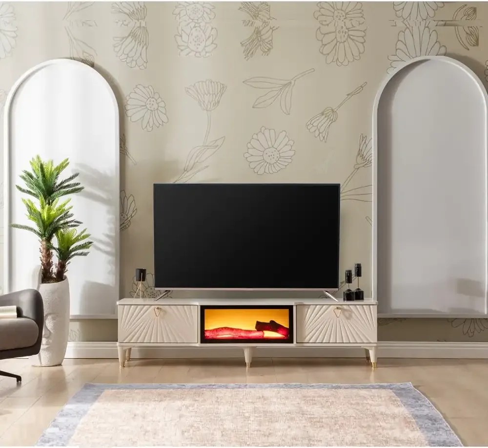 Comoda tv cu semineu Calvin, culoare bej 160 cm