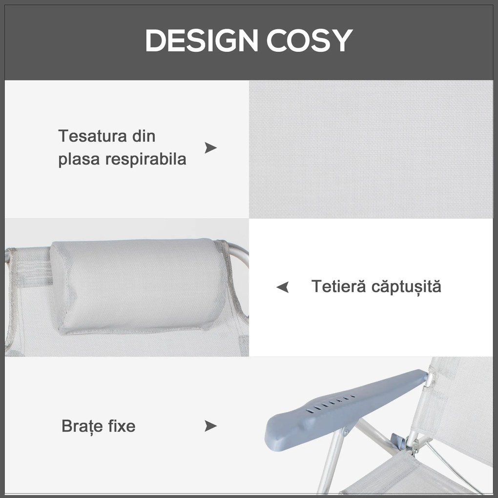 Outsunny Set 2 Scaune de Camping Pliabile cu Tetieră Căptușită și Spătar Reglabil în 6 Poziții, 62x65x80 cm, Gri Deschis | Aosom Romania
