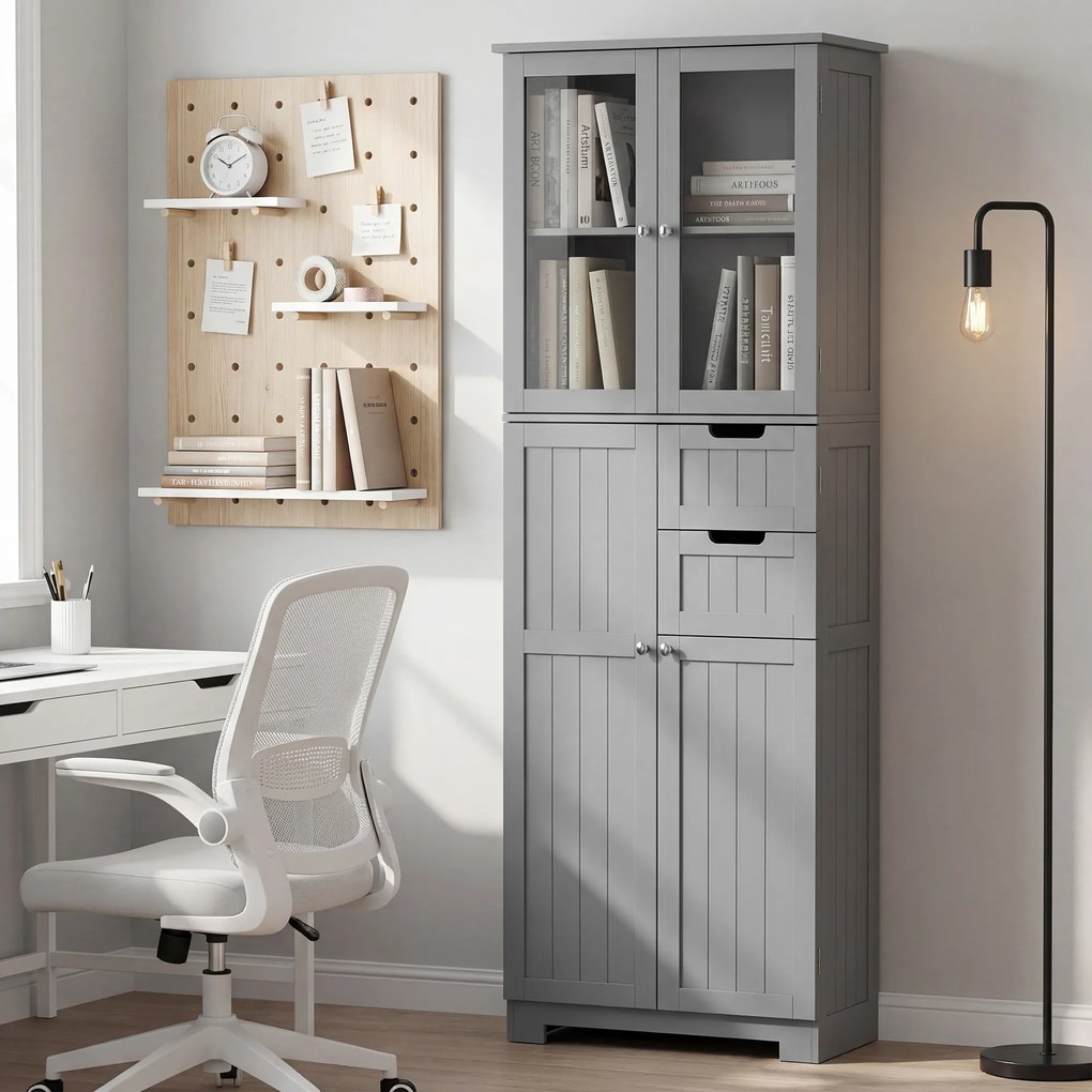 HOMCOM Dulap înalt pentru baie, mobilier de depozitare cu 4 uși dintre care 2 vitrate, 2 sertare și polițe reglabile, alb | Aosom Romania