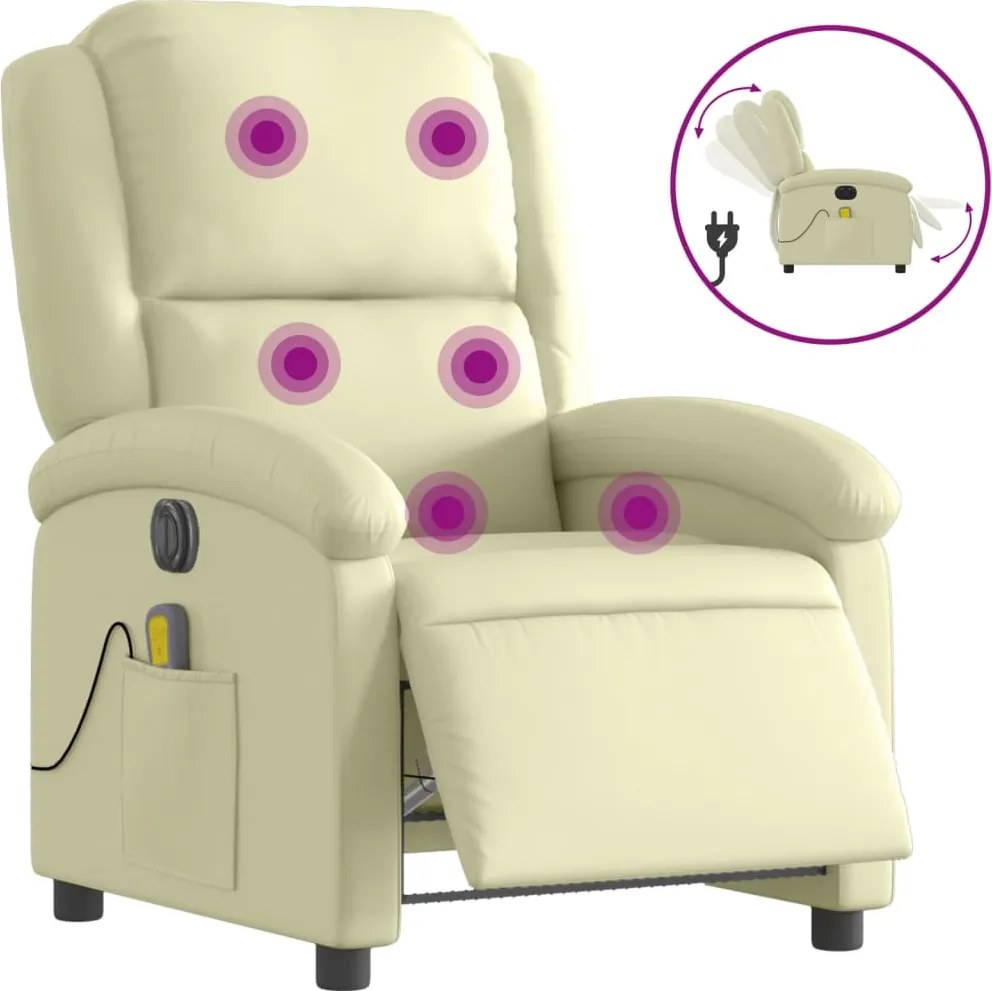 vidaXL Fotoliu de masaj rabatabil electric, crem, piele naturală