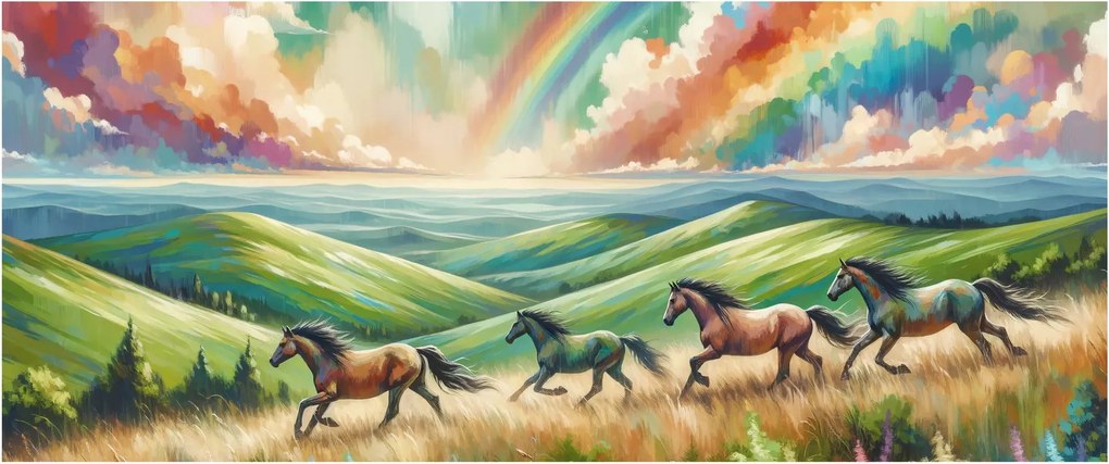 Tablou – Cai galopând prin peisaj (120x50 cm)