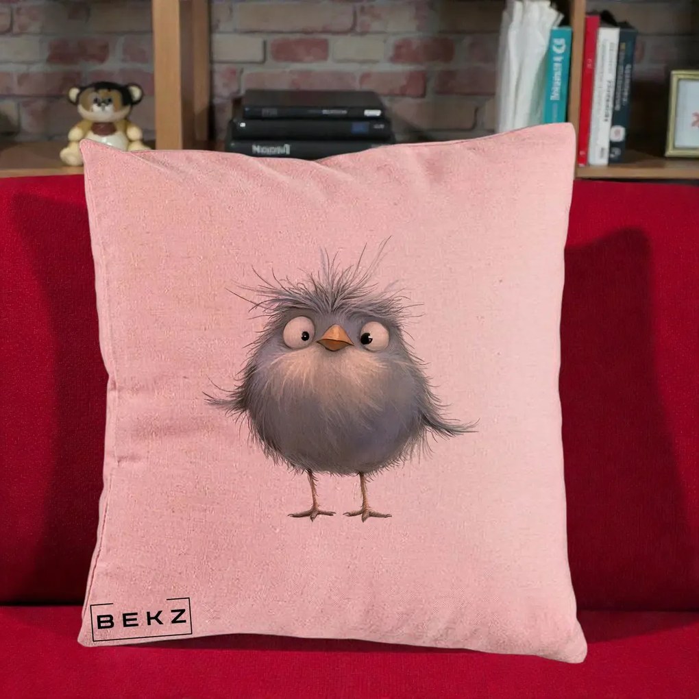 Perna Decorativa Pui Gri Pufos Zbarlit, 40x40 cm, Roz, Husa Detasabila, Perna Inclusa, BEKZ®