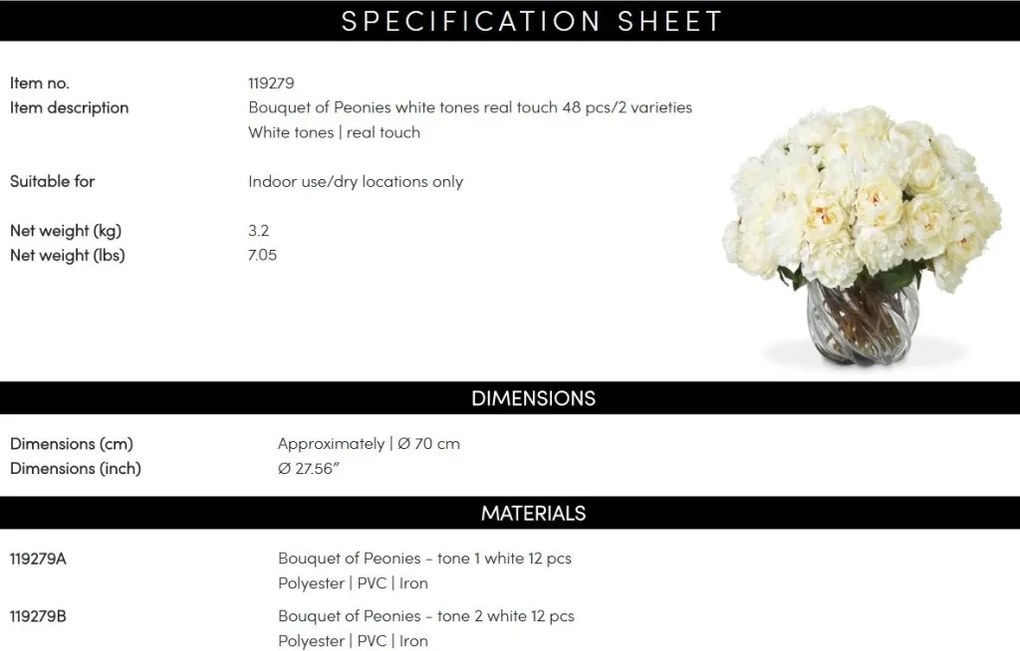 Buchet artificial LUX din 48 de bujori albi, Peonies