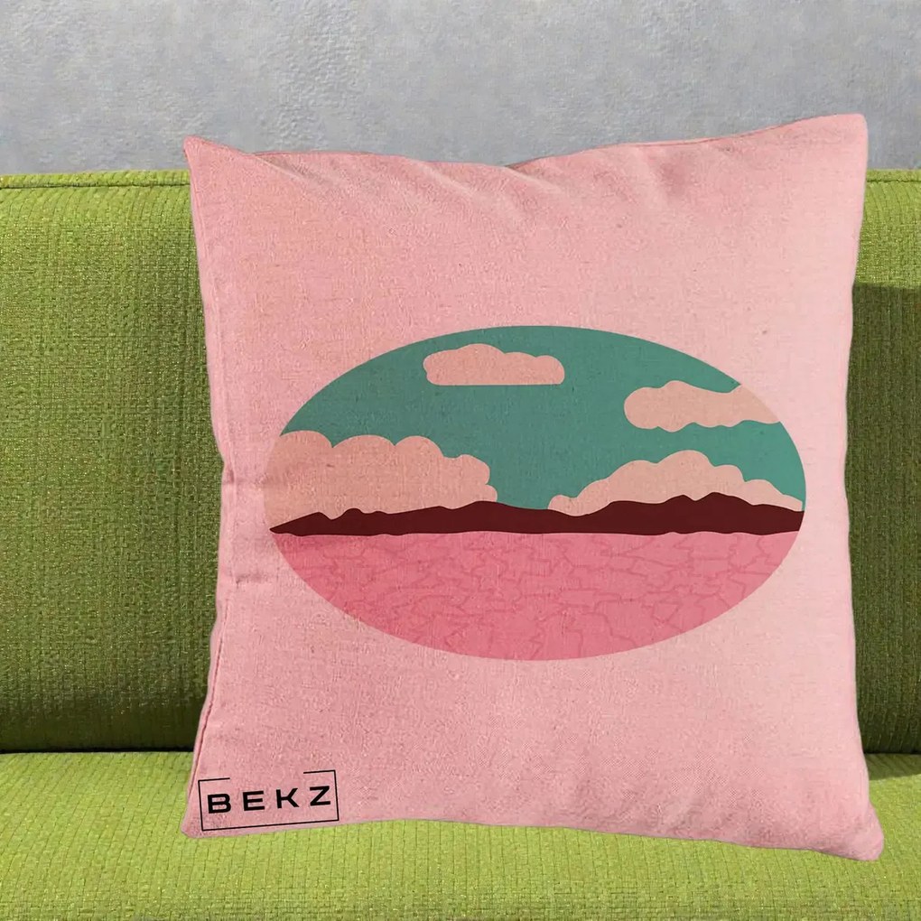 Perna Decorativa Peisaj Desert Oval Pastel, 40x40 cm, Roz, Husa Detasabila, Perna Inclusa, BEKZ®