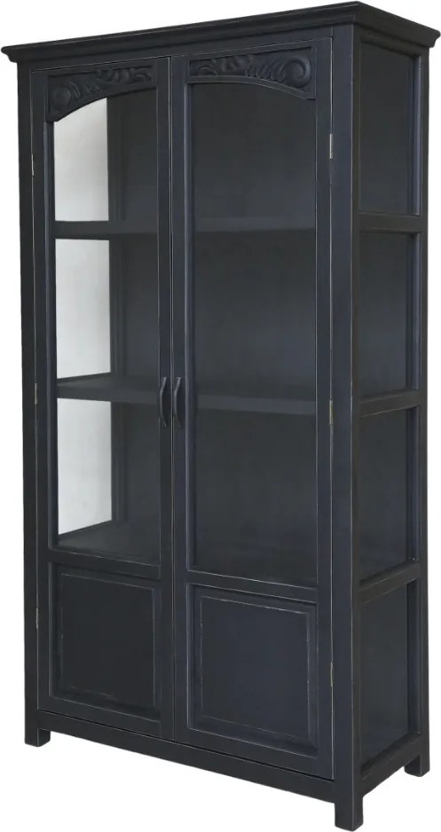 Vitrină vintage din lemn de pin, negru, cu 2 uși vitrate, 3 rafturi și decor sculptat, finisaj antichizat, 170 x 97 x 41 cm, „Sauveterre”