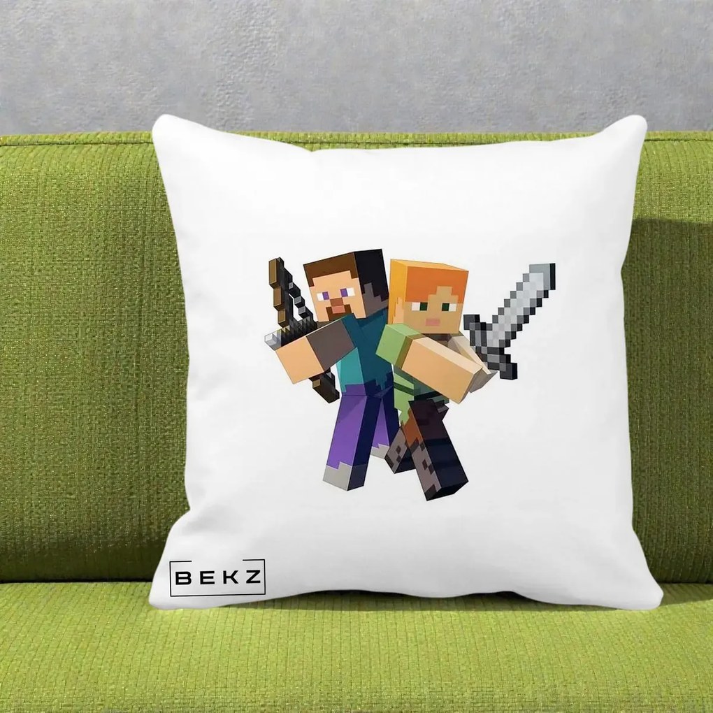 Perna Personalizata Minecraft Steve si Alex, 40x40 cm, Alba Mata, Husa Detasabila, Perna Inclusa, BEKZ®