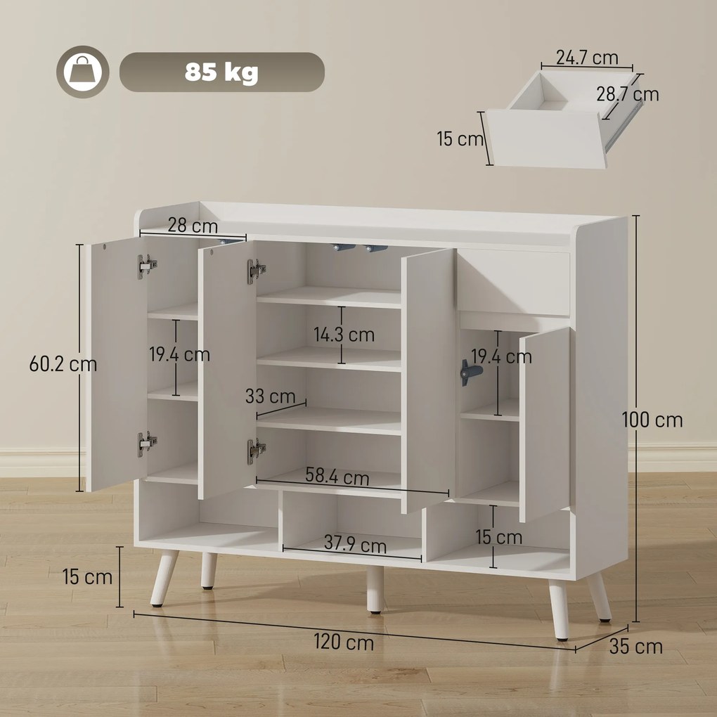 HOMCOM Pantofar Hol cu 4 Uși Push-to-Open, Rafturi Reglabile, MDF și Lemn Pin, 120x35x100 cm, Alb | Aosom Romania