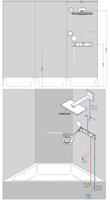 Baterie cu termostatat Hansgrohe, RainSelect, 2 functii si suport dus, Alb crom