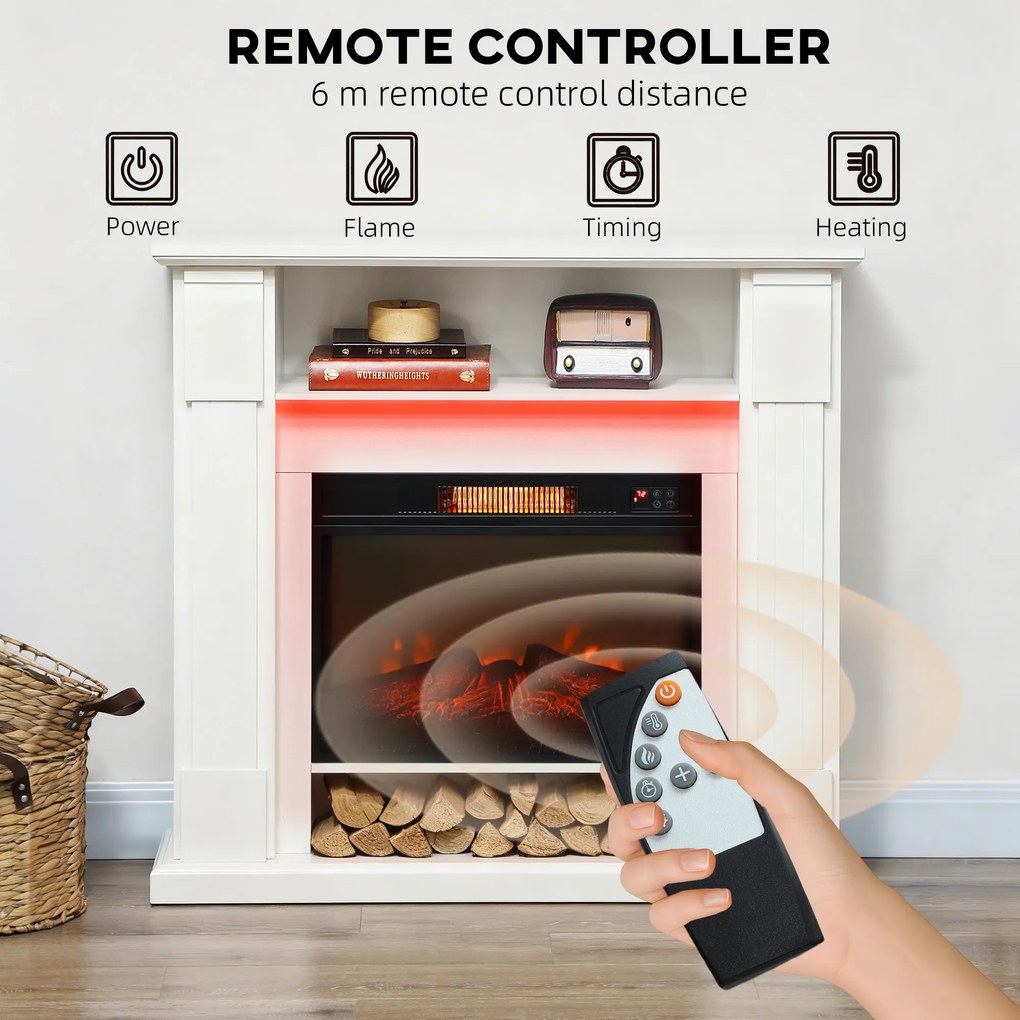 HOMCOM Șemineu Electric Reglabil cu Flacără 3D, Temporizator și Telecomandă Alb | Aosom Romania