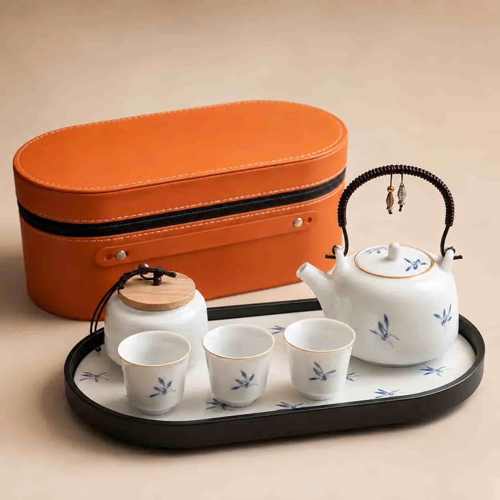 Set ceai premium , zROYAL MINI,   din portelan lucios, ceainic 200 ml, 3 cupe, recipient si tava 27x12cm
