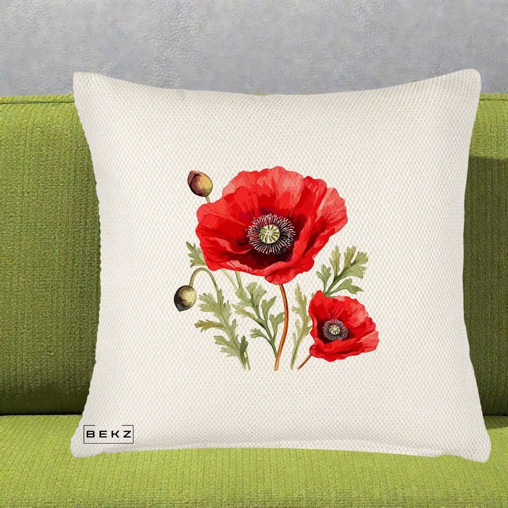 Perna Decorativa Maci Rosii Acuarela, 40x40 cm, Crem Reliefat, Husa Detasabila, Perna Inclusa, BEKZ®