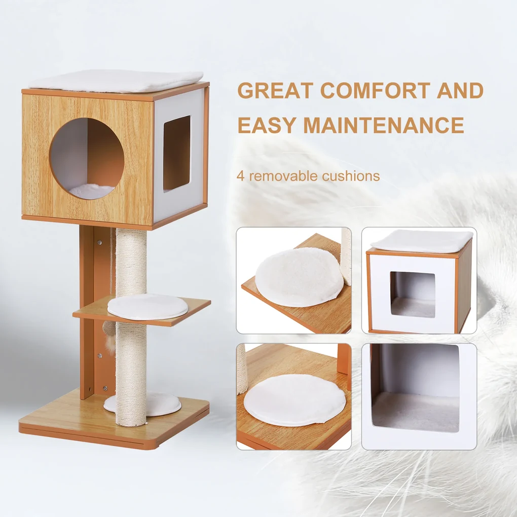 PawHyt Copac pentru Pisici cu 2 Stalpi din Lemn si Sisal si Perne pe 3 Nieluri 50 x 40 x91cm
