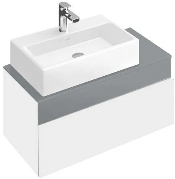 Dulap baza suspendat cu blat sticla, Memento Villeroy&amp;Boch, lavoar stanga, 80.6x46x37cm, alb/gri, C779L0MT