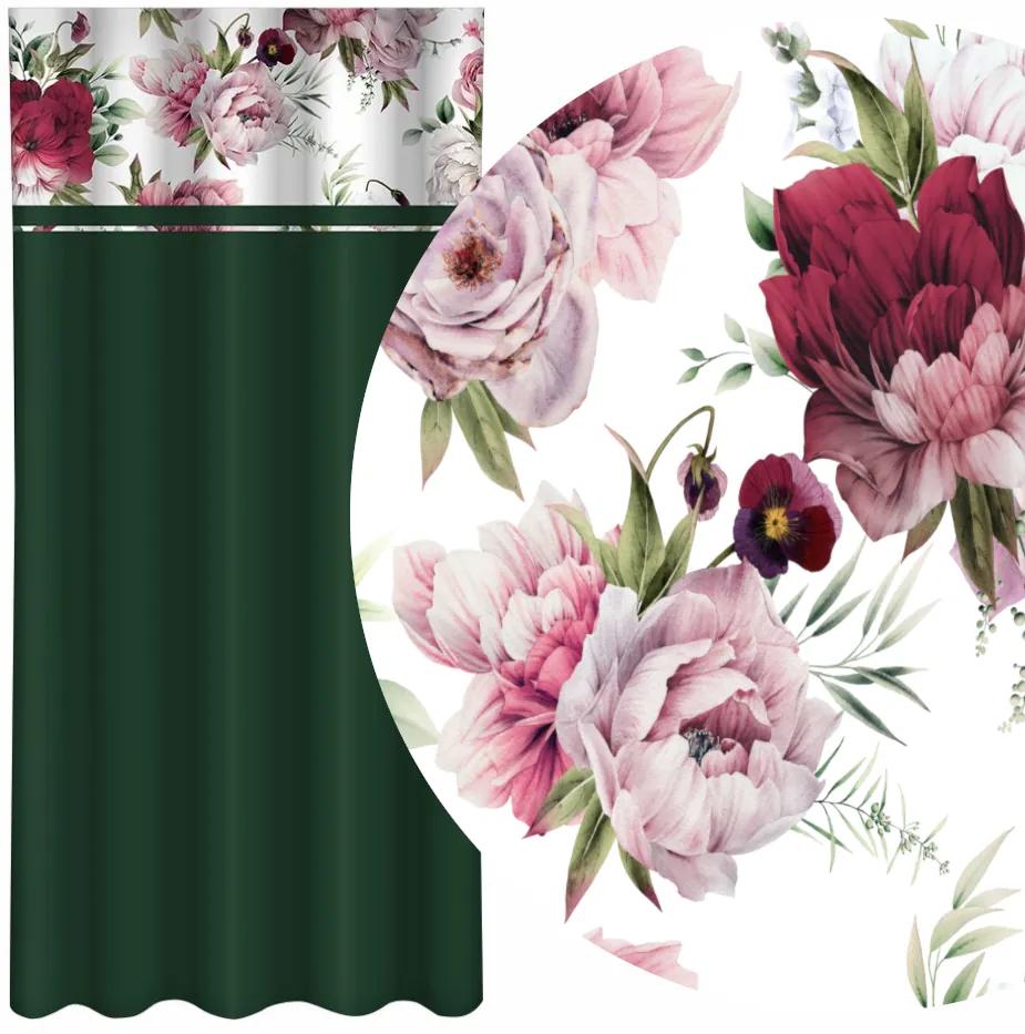 Draperie simplă de culoare verde închis cu imprimare de bujori roz și burgundia peonii Lățime: 160 cm | Lungime: 250 cm