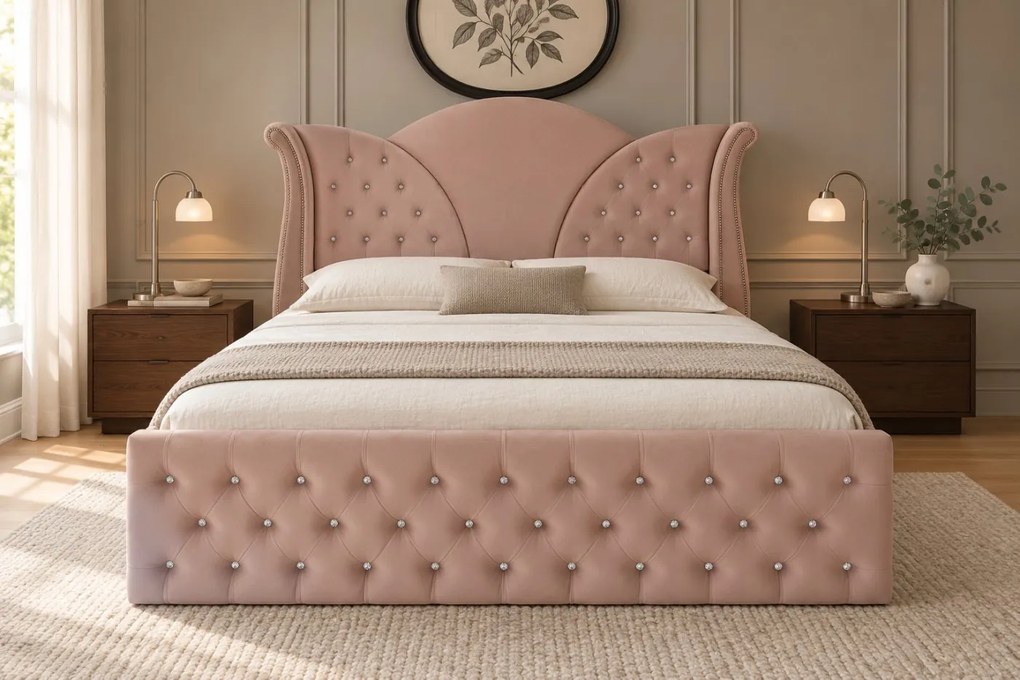 Pat tapițat Chesterfield din catifea Velora Deluxe 160×200 cm, cappuccino, cu ladă de depozitare