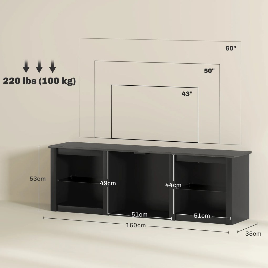 HOMCOM Mobilier TV cu iluminare LED pentru televizoare până la 65 de inch, 160cm cu rafturi din sticlă reglabile, negru | Aosom Romania