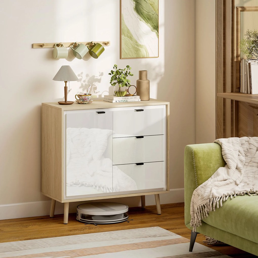 HOMCOM Credență de bucătărie cu 3 sertare și dulap Alb lucios și stejar | Aosom Romania