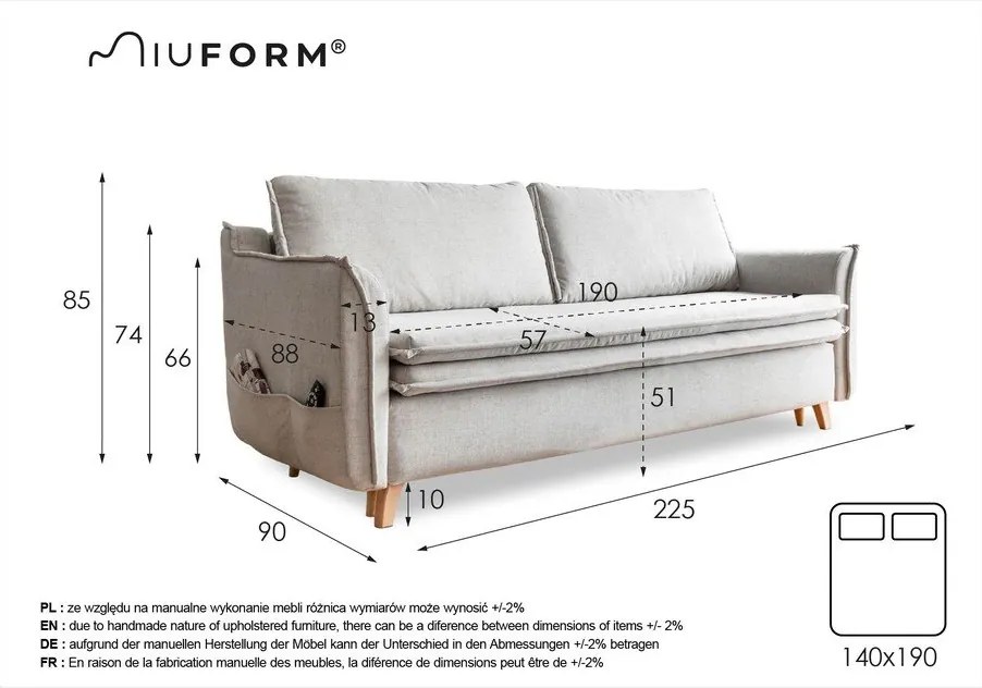 Canapea roz-deschis extensibilă 225 cm Charming Charlie – Miuform