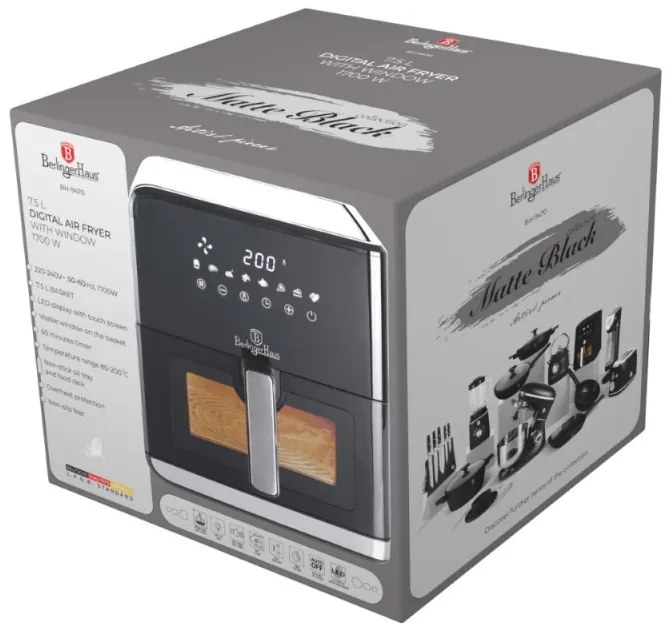 Friteuza aer cald, AIRFRYER 7.5 l Matte Black Berlinger Haus BH 9470, digitala