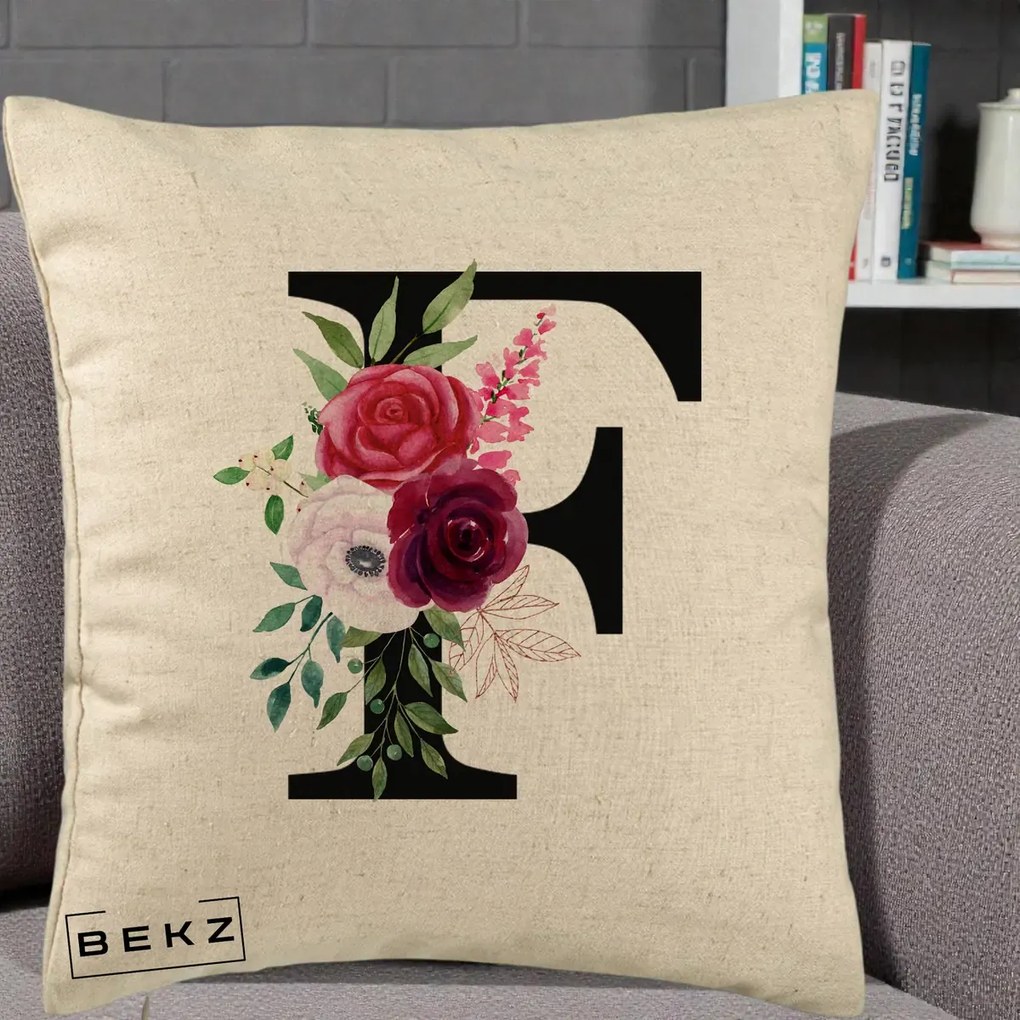 Cadou Personalizat - Perna Personalizata Monograma Florala Litera F, 40x40 cm, Bej, Husa Detasabila, Perna Inclusa, BEKZ®