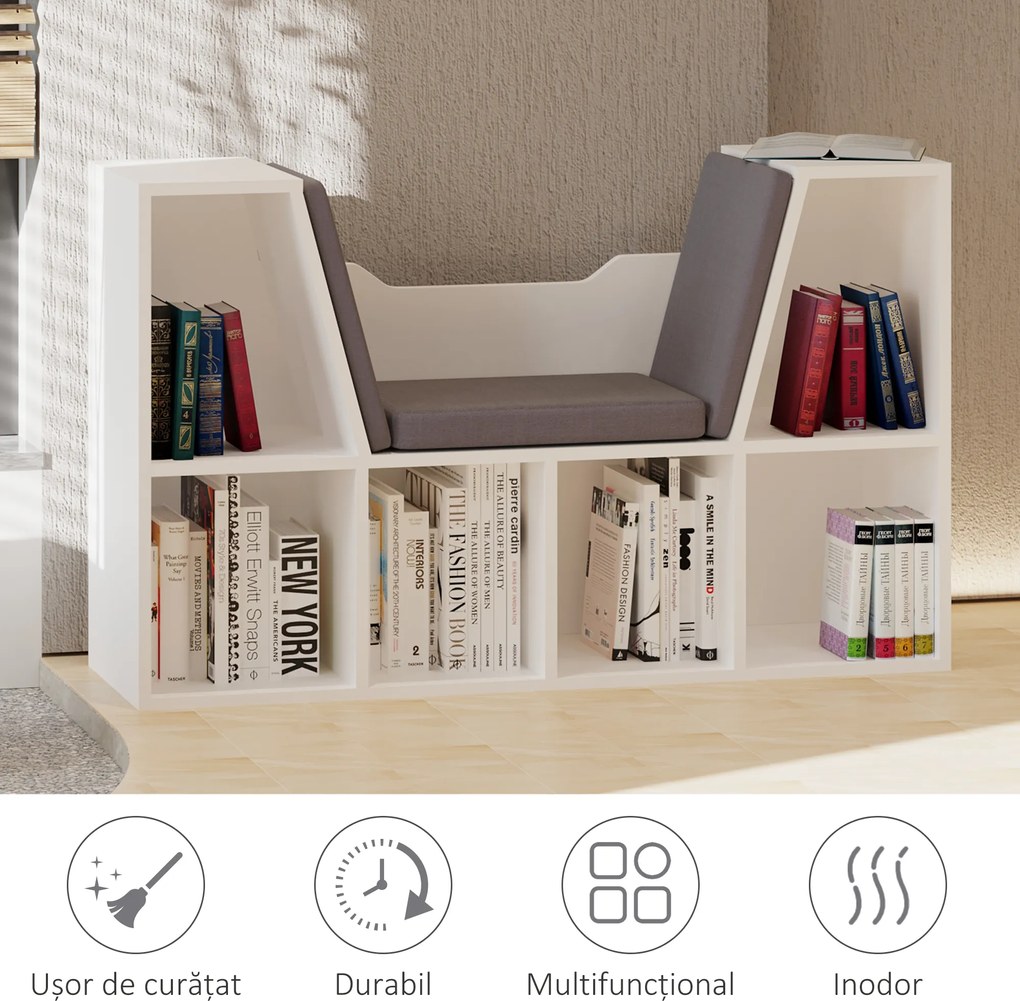 HOMCOM Bibliotecă 2 în 1 cu Perne Confortabile și 6 Compartimente, Mobilier Multifuncțional pentru Cărți și Jocuri, Raft cu 6 Cuburi pentru Sufragerie, Dormitor și Birou, 102x30x61 cm, Alb | Aosom Romania
