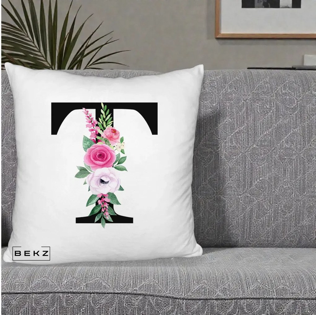 Cadou Personalizat - Perna Personalizata Monograma Florala Litera T, 40x40 cm, Alb Pufos, Husa Detasabila, Perna Inclusa, BEKZ®