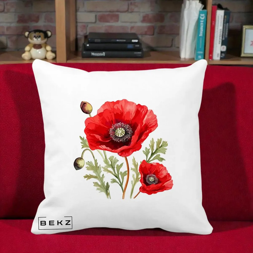 Perna Decorativa Maci Rosii Acuarela, 40x40 cm, Alba Mata, Husa Detasabila, Perna Inclusa, BEKZ®